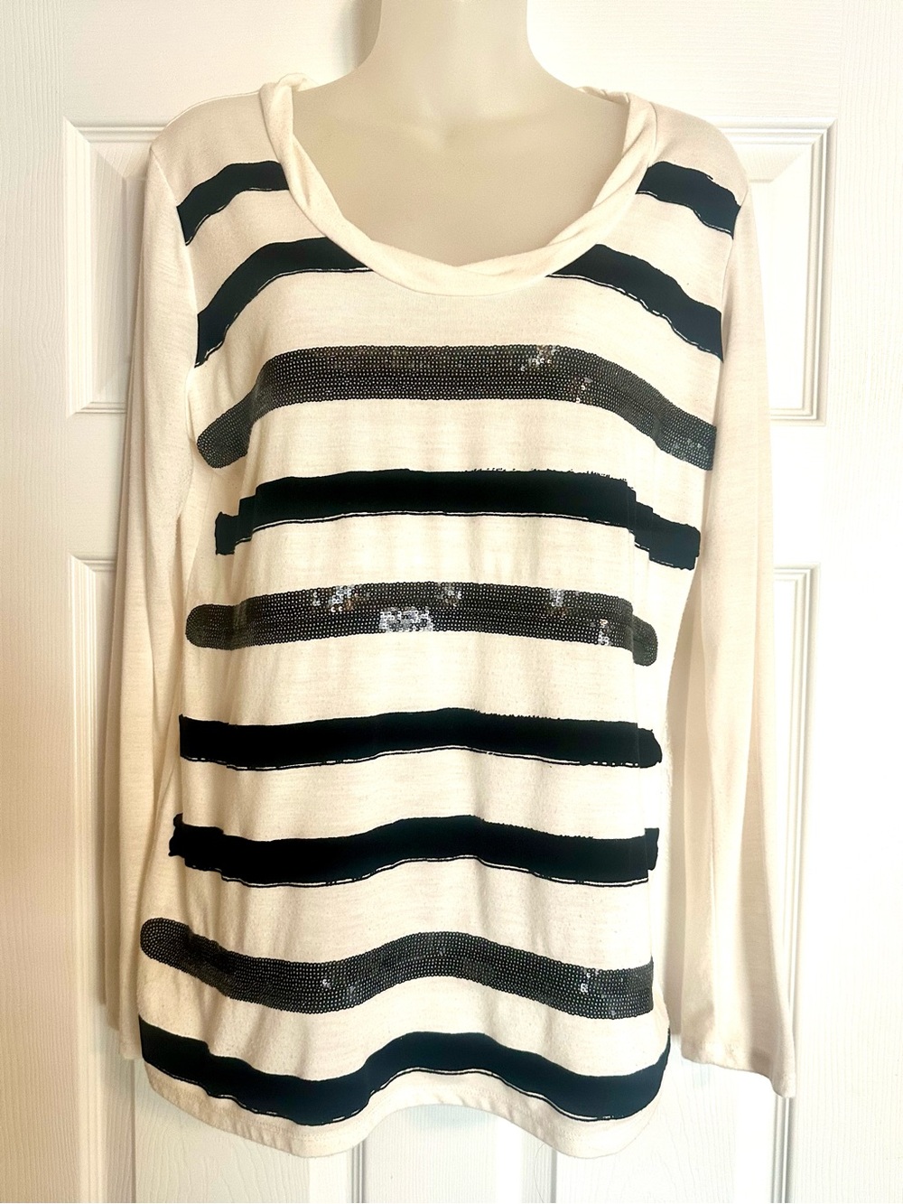 Apostrophe Cream & Black Striped Long-Sleeve Scoop Neck Top with Sequin Accents